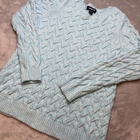Lands End Drifter Cable-Knit Sweater Womens L/P Heathered Aqua Cotton Coastal - Picture 1 of 8